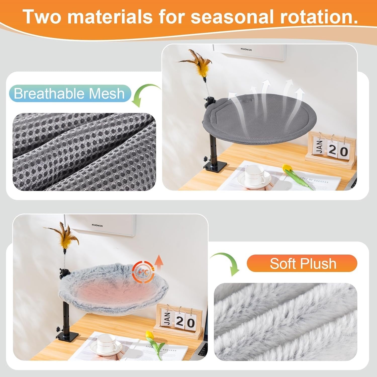 Adjustable Cat Desk Perch 360° Rotating Clamp On Bed w Washable Covers