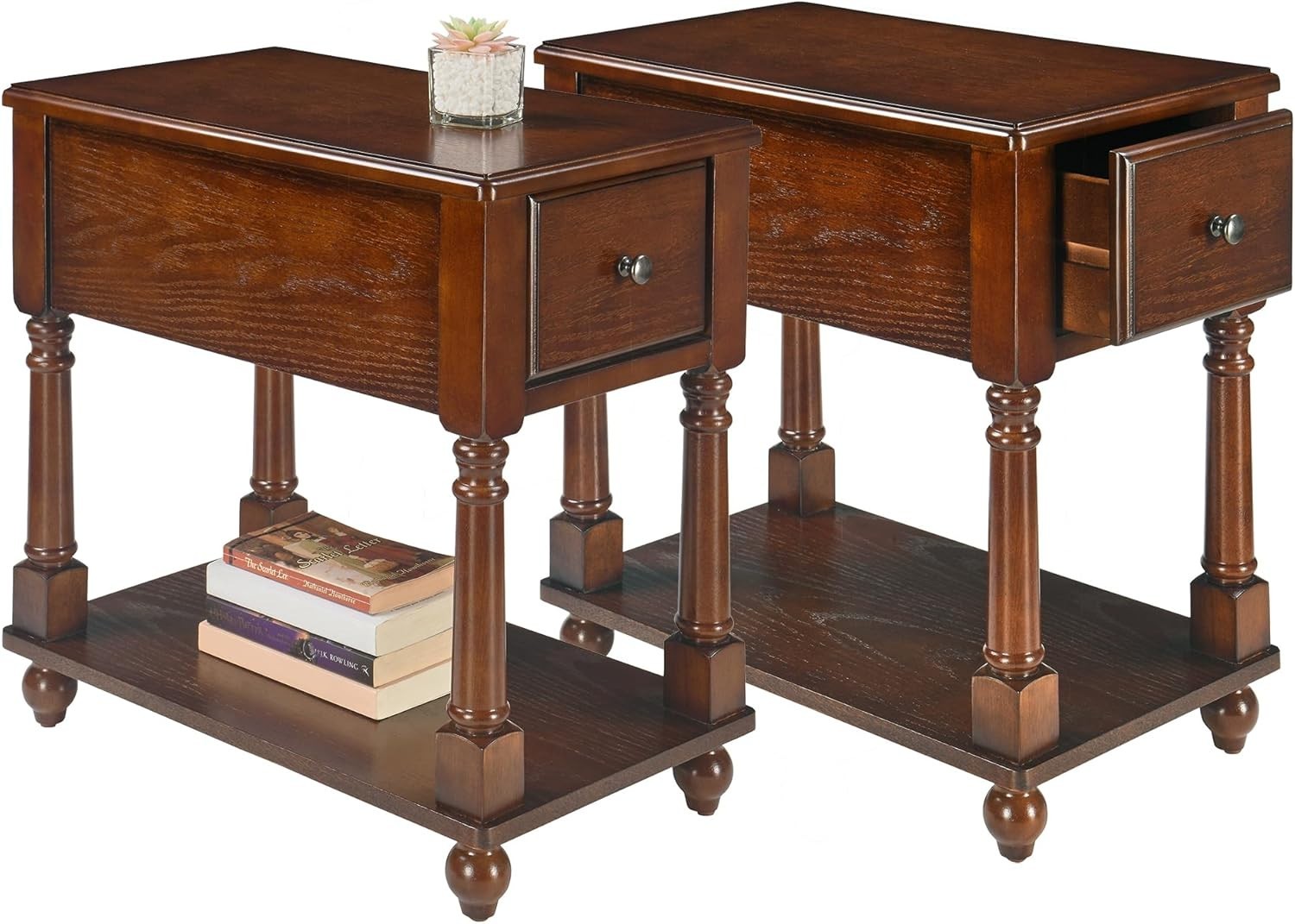 Pair of Solid Wood Walnut End Tables with Drawer & Shelf – Vintage Slim Tables