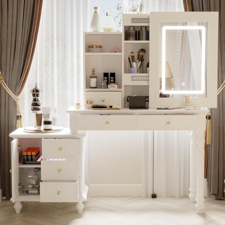 White Vanity Makeup Dressing Table 6 Drawers LED Mirror Modern Desk