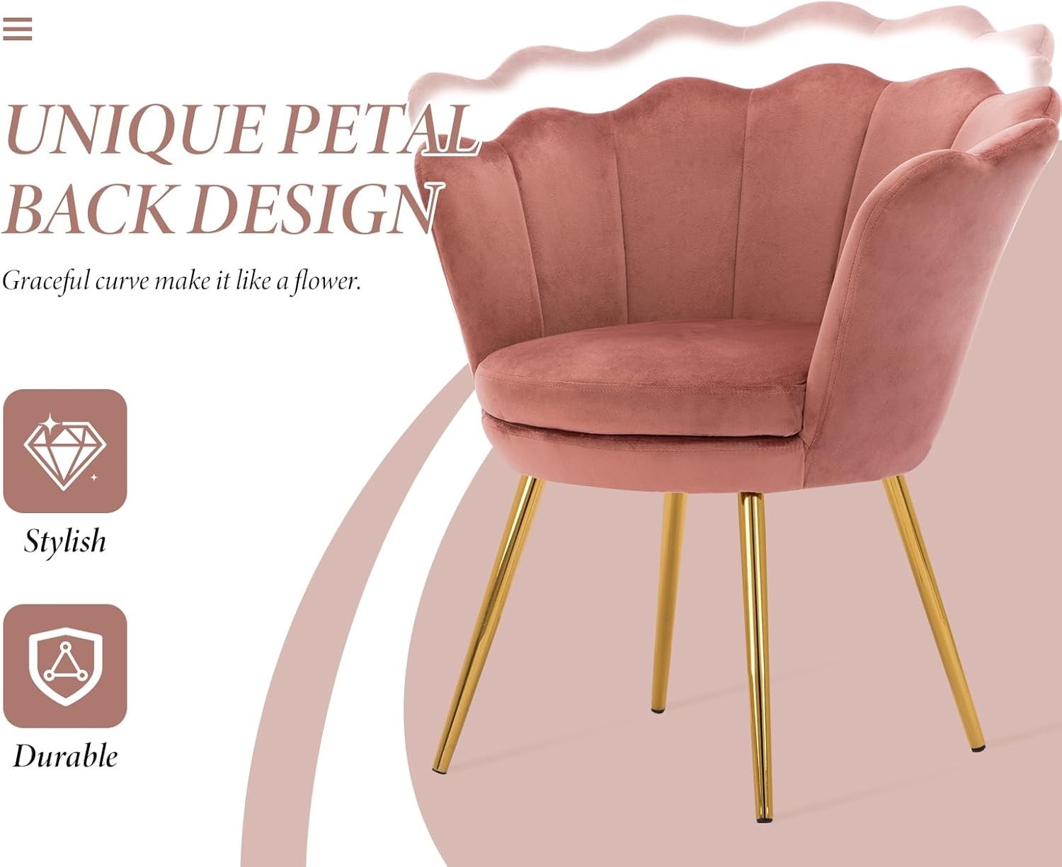 Pink Velvet Lounge Chair Gold Legs | Petal Back Armchair for Bedroom