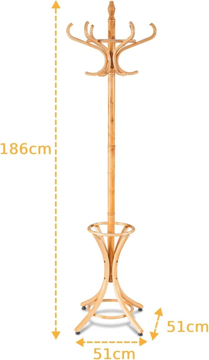 Oak Solid Wood Coat Rack with 12 Hooks & Umbrella Holder | Freestanding Hall