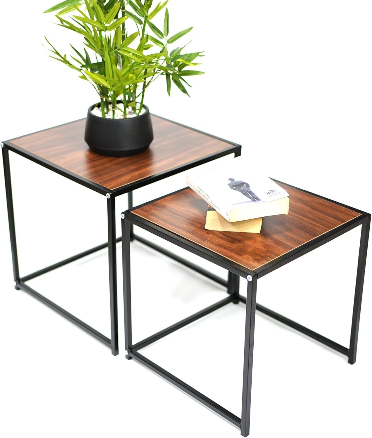 Space-Saving Nesting End Tables Set of 2 Rustic Wood Metal Side Coffee Table