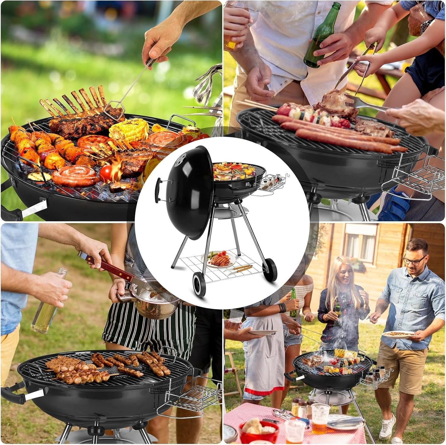 Large Charcoal BBQ Grill with Wheels & Thermometer, 28" Kettle Outdoor Garden