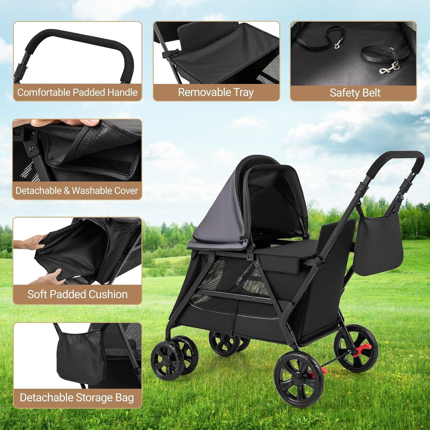 Foldable Dog Stroller Pet Pushchair Ramp Entry 4 Wheel Travel Buggy