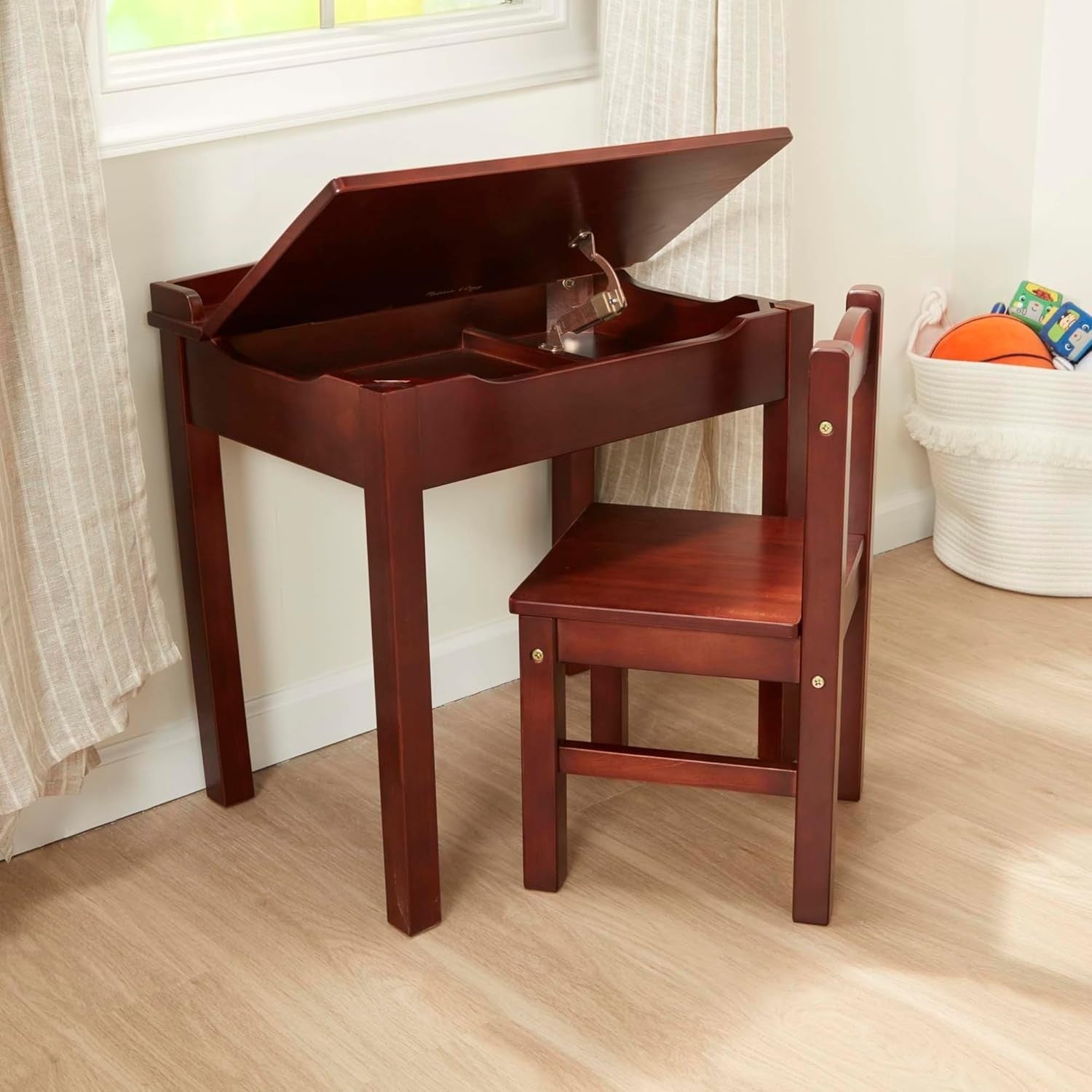 Kids Wooden Lift-Top Desk & Chair Set, Espresso, Compact 30.5x57cm