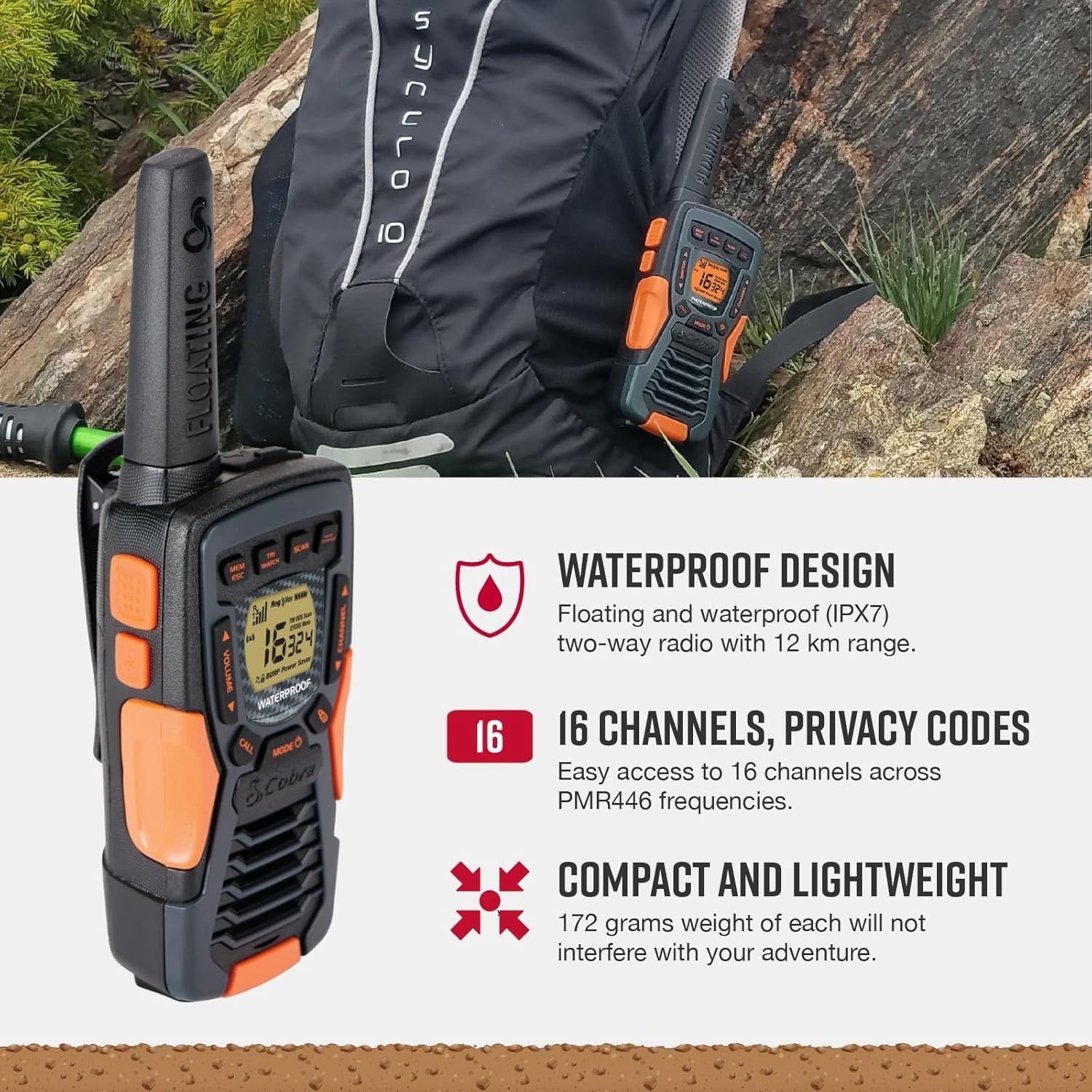 Floating Waterproof Walkie Talkies 2 Pack 12KM Range VOX Rechargeable