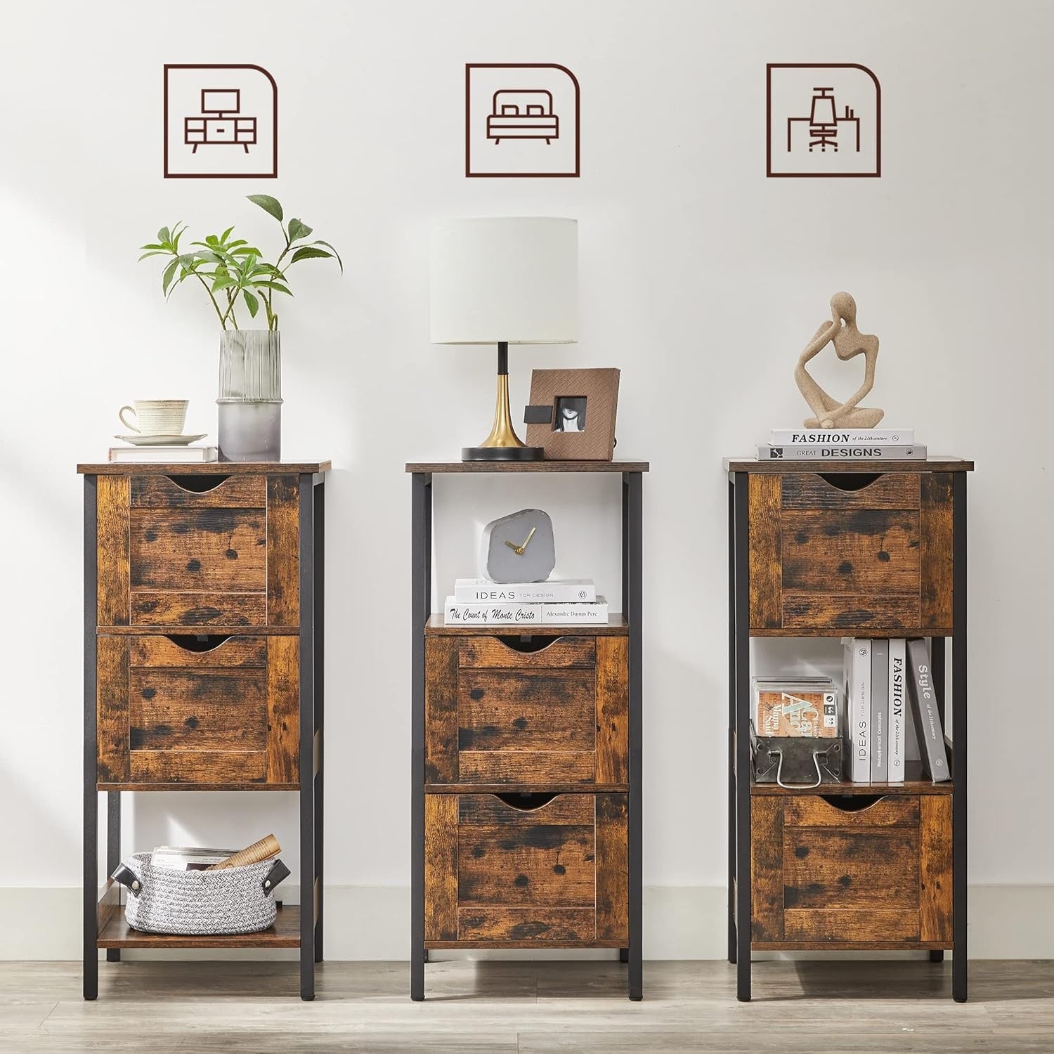 Rustic Brown Bathroom Cabinet – 2 Drawers + Open Shelf Industrial Storage Unit