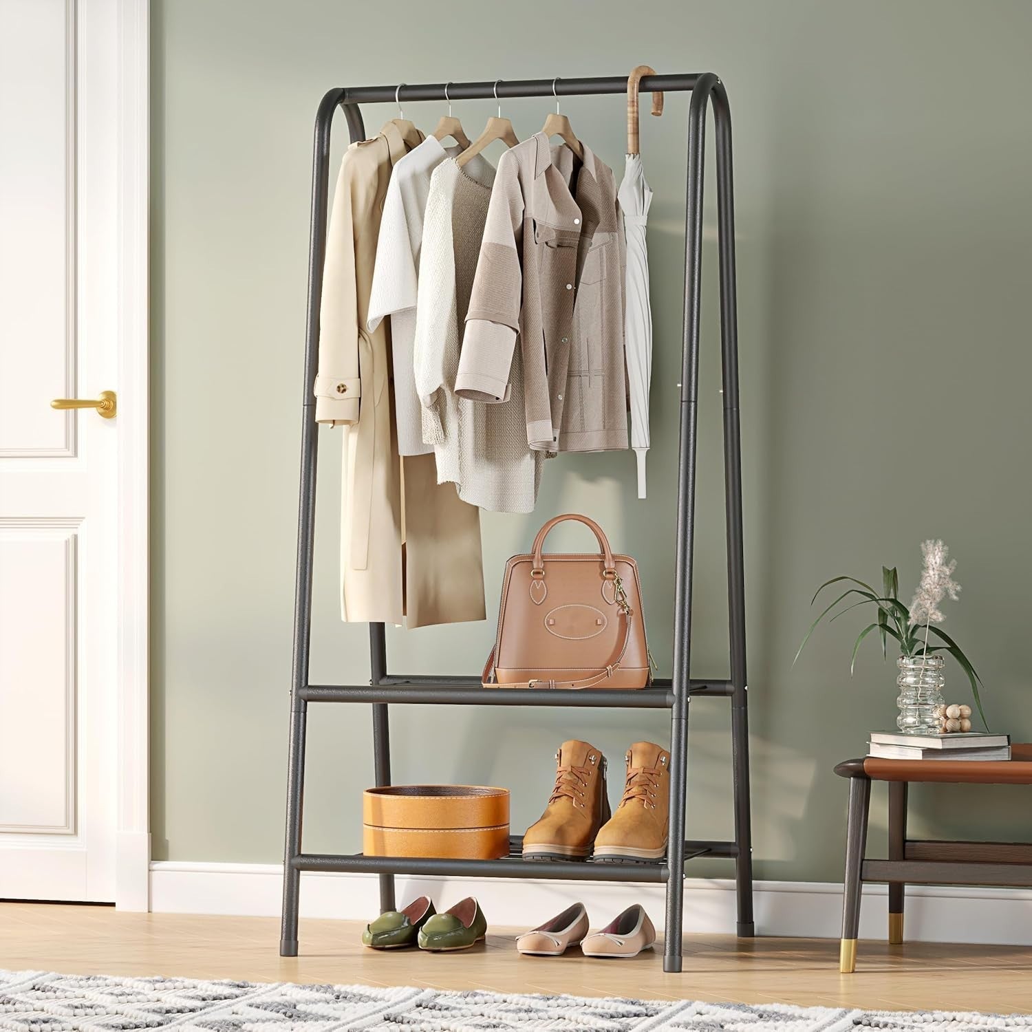 Black Metal Clothes Rack with Double Shelves 62"
