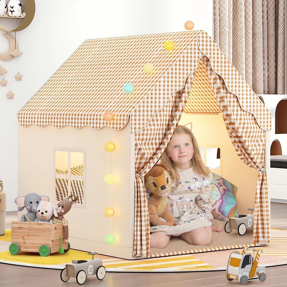Neutral Beige Kids Play Tent Star Lights Indoor Outdoor Teepee House