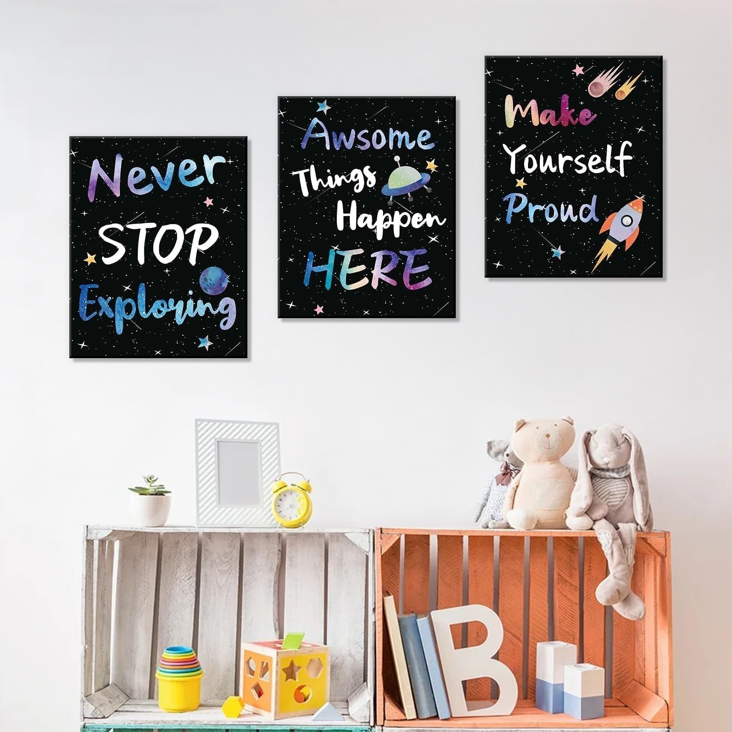 Space Motivational Wall Art Set of 6 Framed Kids Bedroom 25x20cm