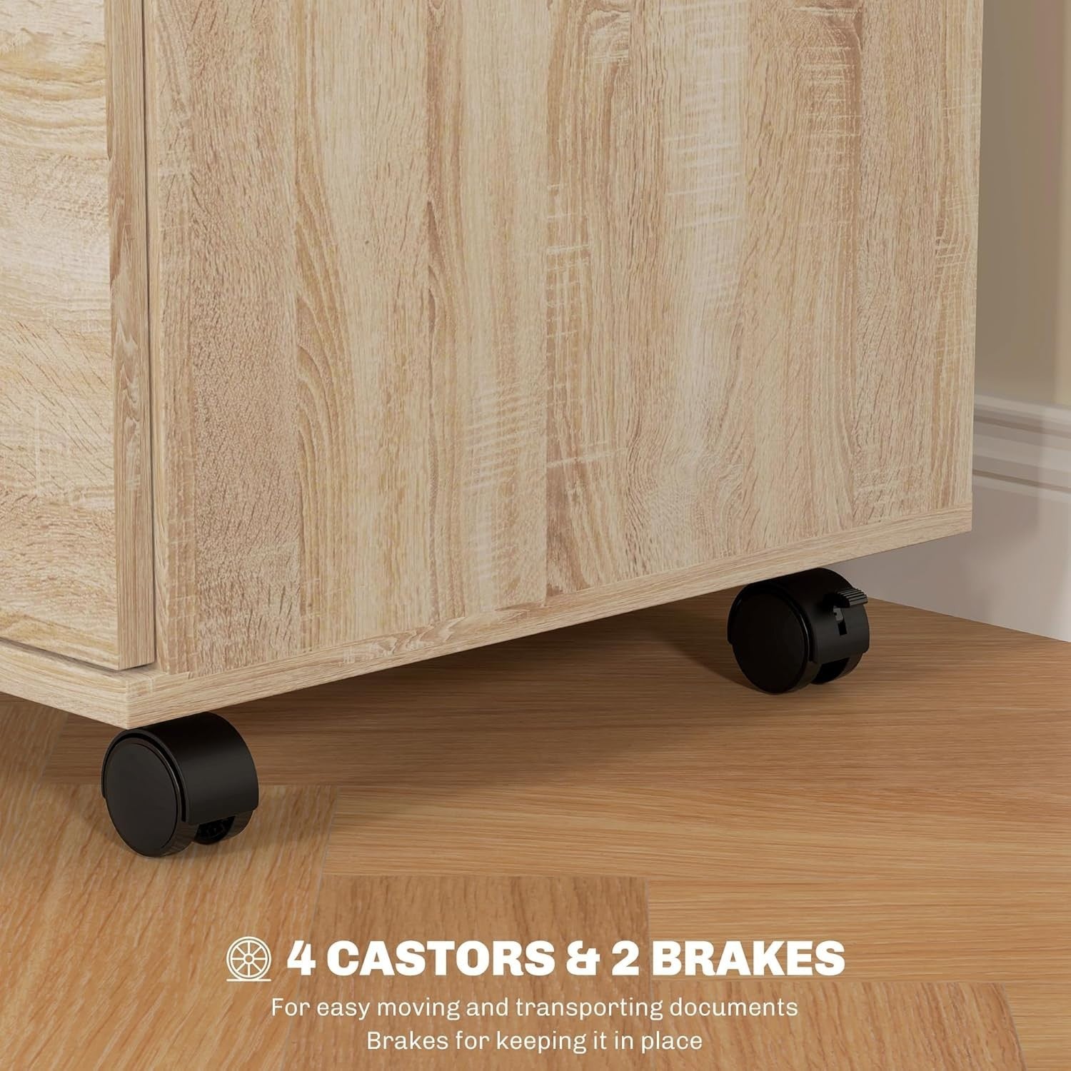 Oak Effect Locking Rolling File Cabinet 2 Drawer Under Desk Printer Unit
