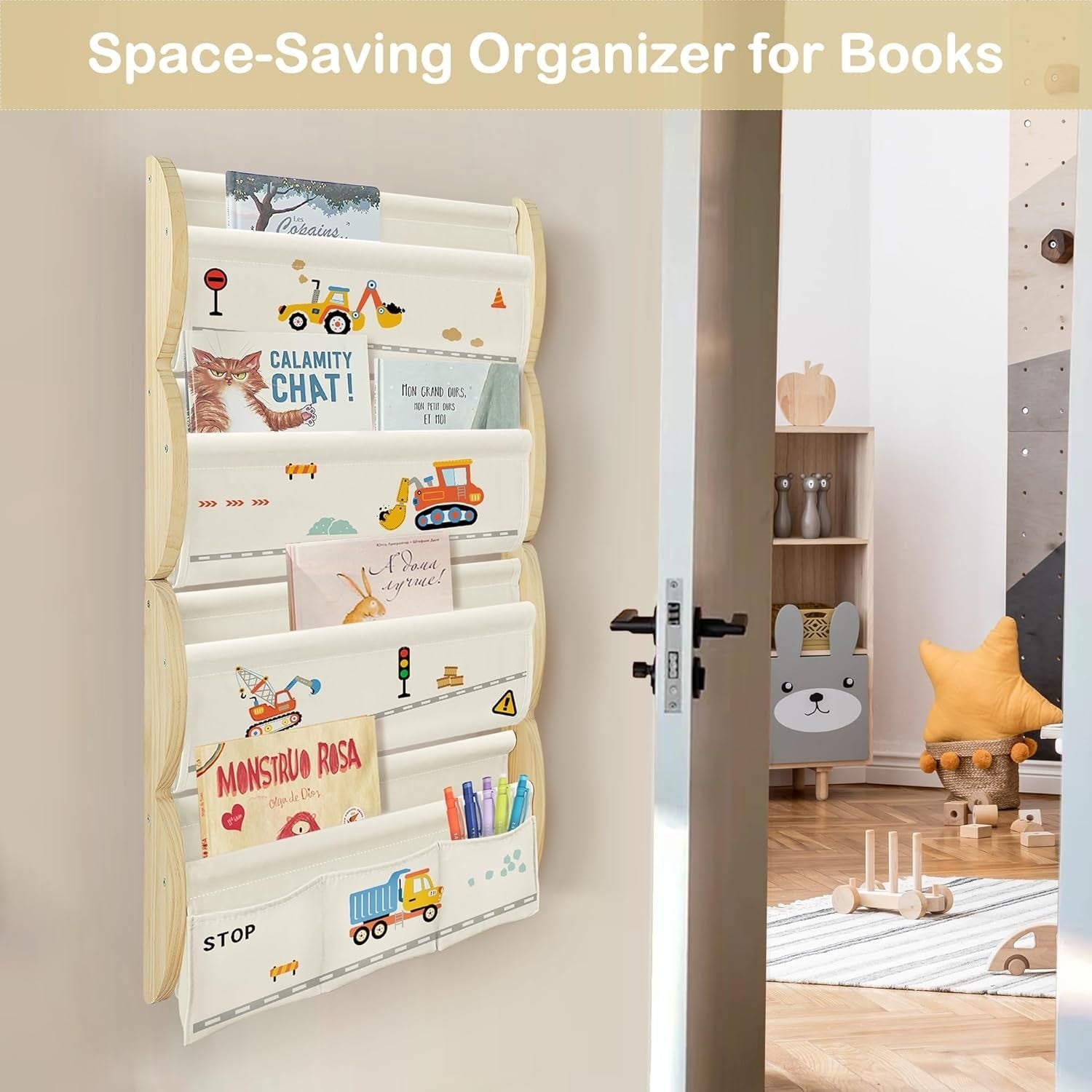 Montessori Kids Bookshelf Wall Mounted 4 Tier Display Storage Rack Shelf