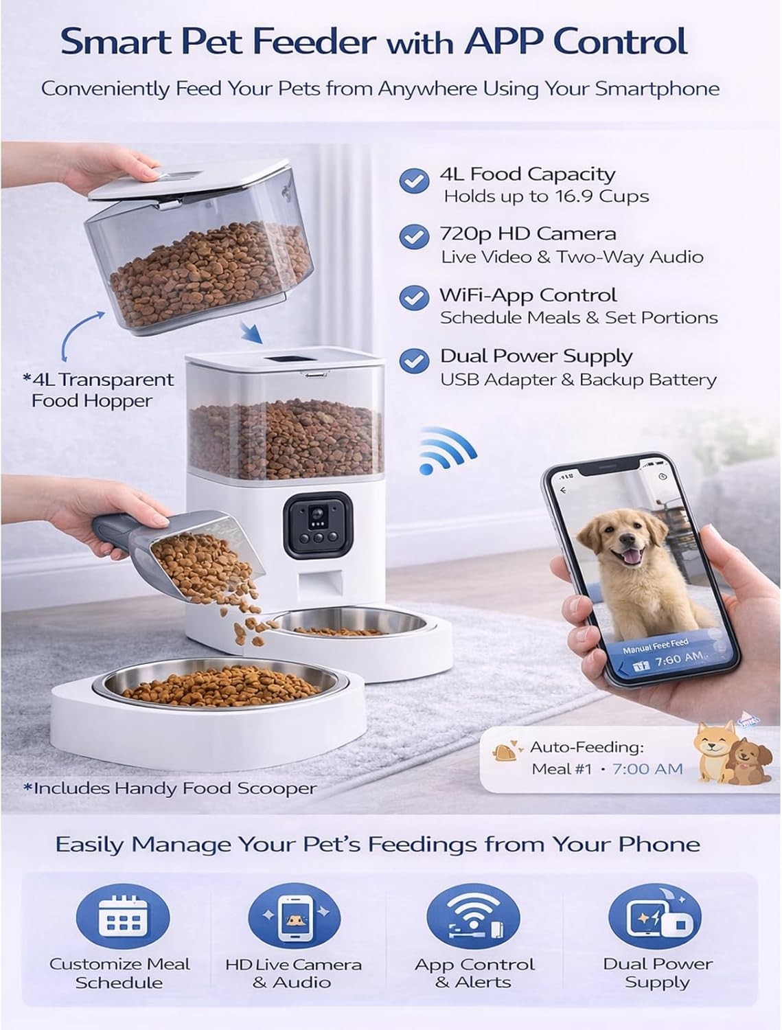 Smart Pet Feeder with Camera WiFi App Control Auto Food Dispenser 4L