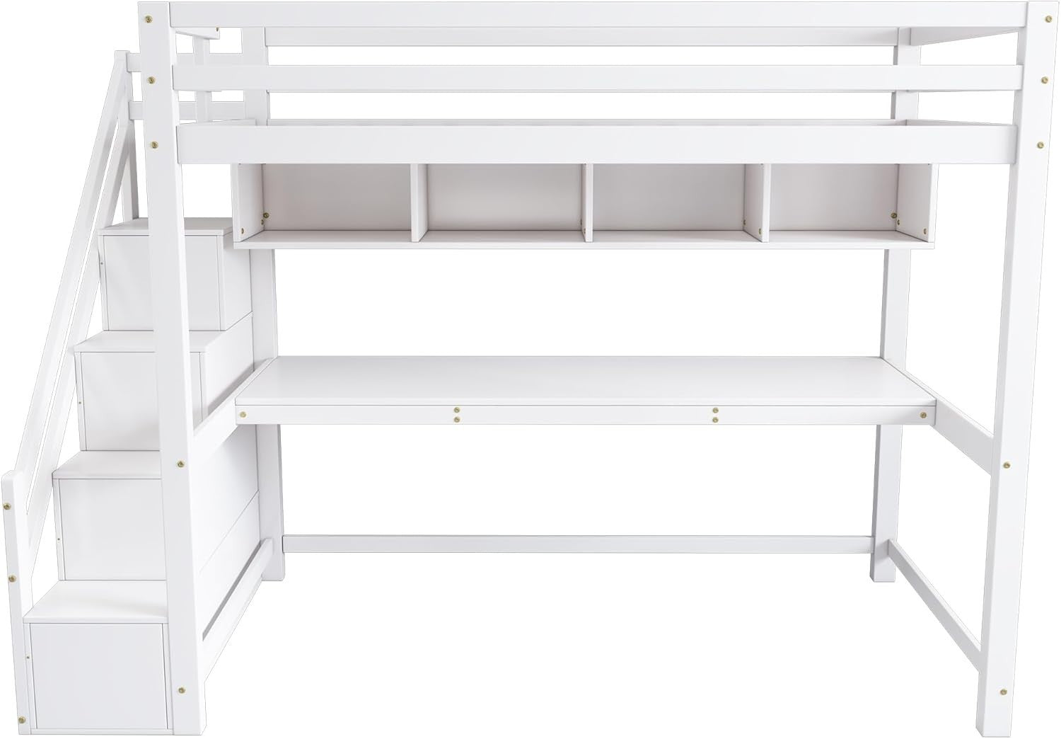 Loft Bunk Bed with Desk & Storage Stairs, 3FT 90x190cm Kids Single Bed White