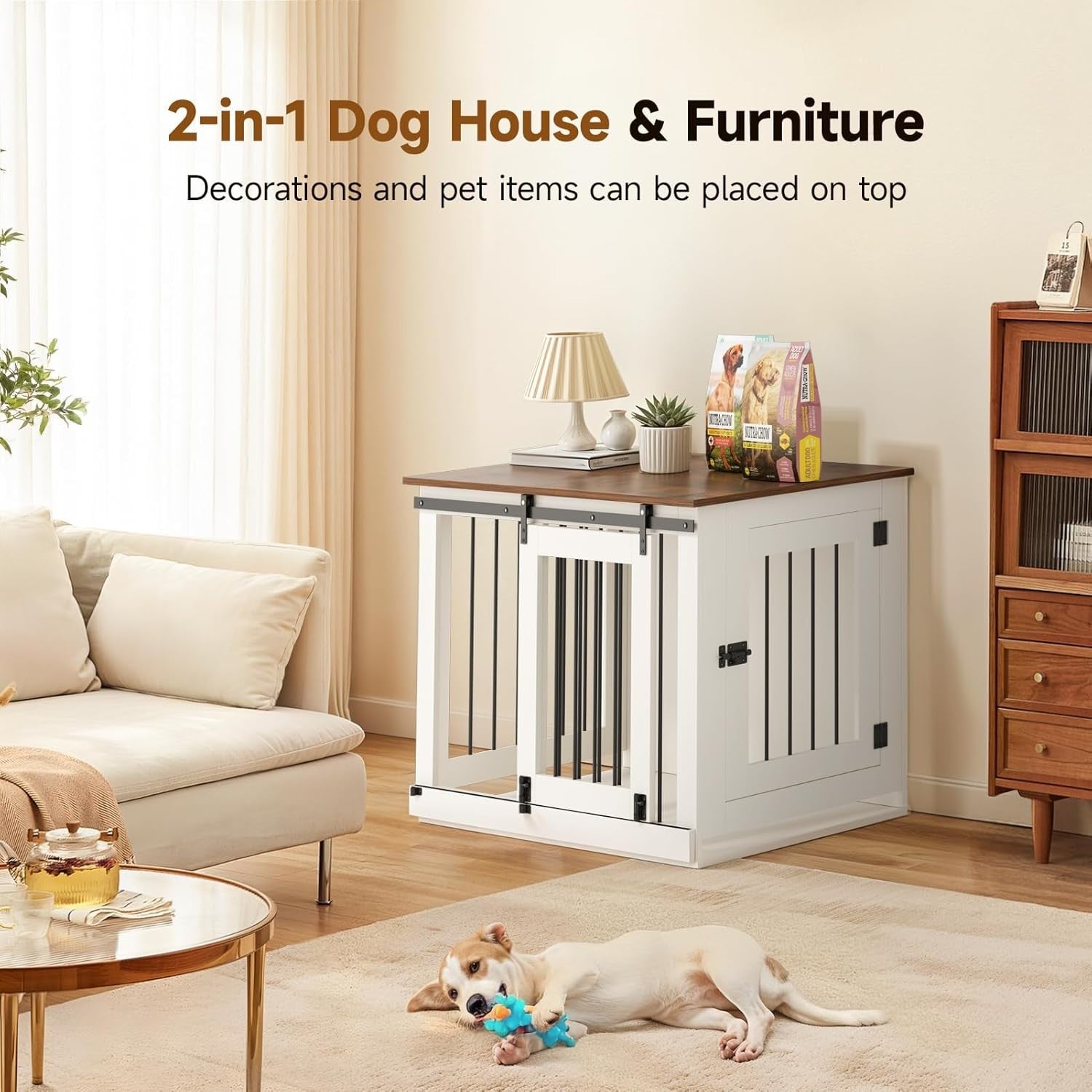 Medium Wooden Dog Crate Furniture 94x63x76cm Indoor Kennel, Sliding Lockable Doo