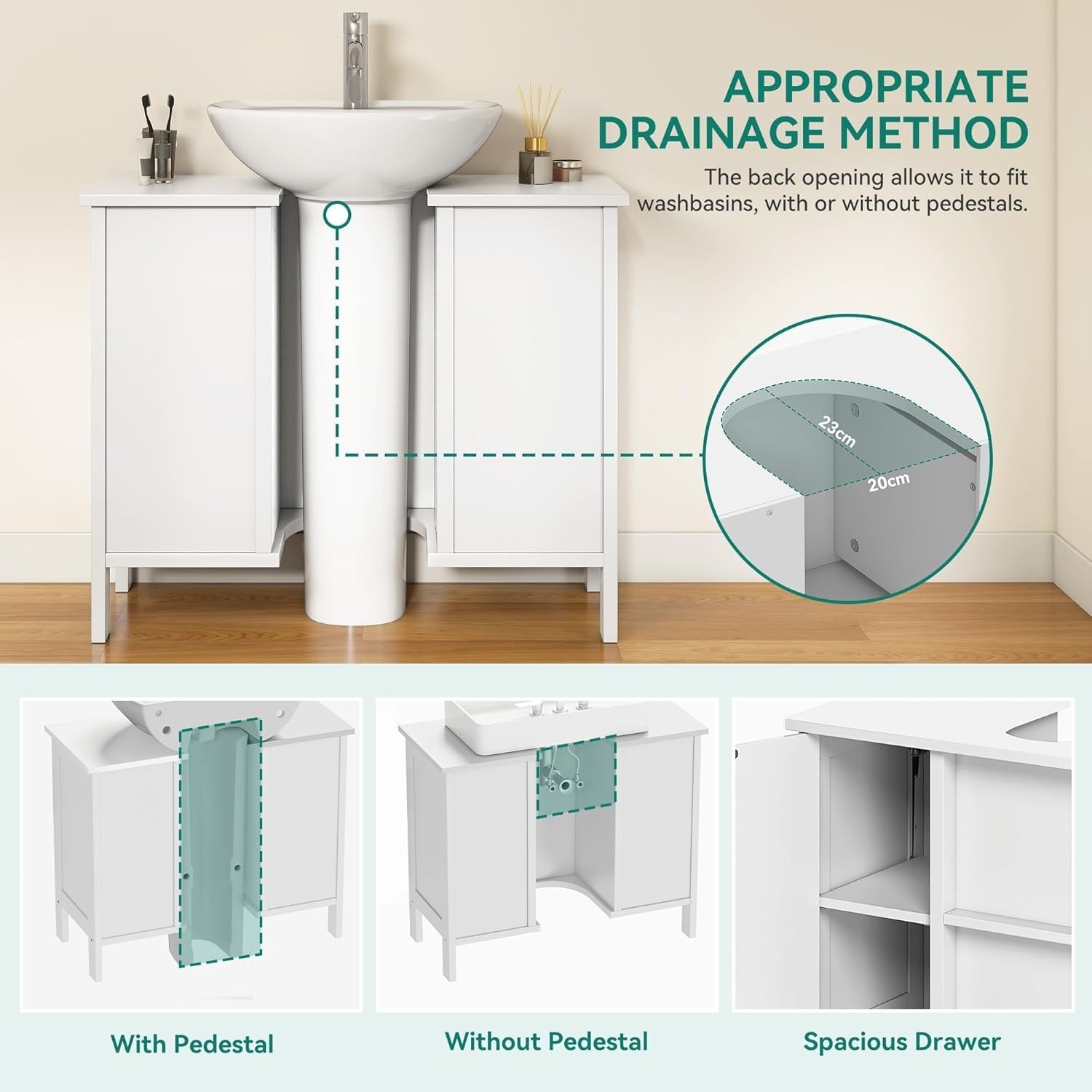 Under Sink Bathroom Cabinet White Storage Unit – 2 Doors, Slim Design, 70x30x60