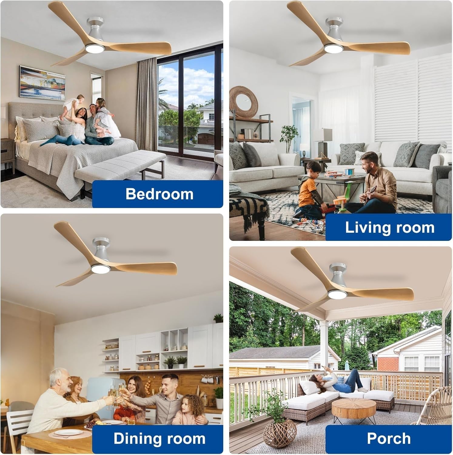 52" Ceiling Fan Light, 3-Blade Grainy Wood LED, Quiet Reversible DC
