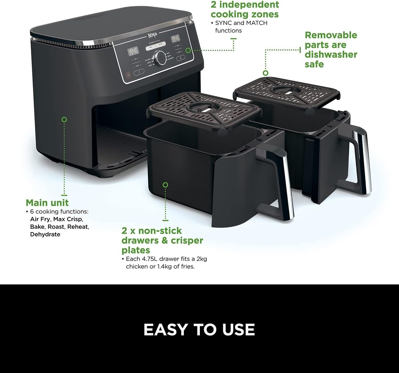Dual Zone Digital Air Fryer 9.5L | 6-in-1 | Extra-Large Capacity No-Oil Cooking