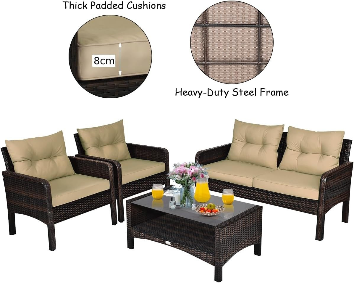 4PC Rattan Garden Conversation Set Cushioned Sofa Chairs Glass Table