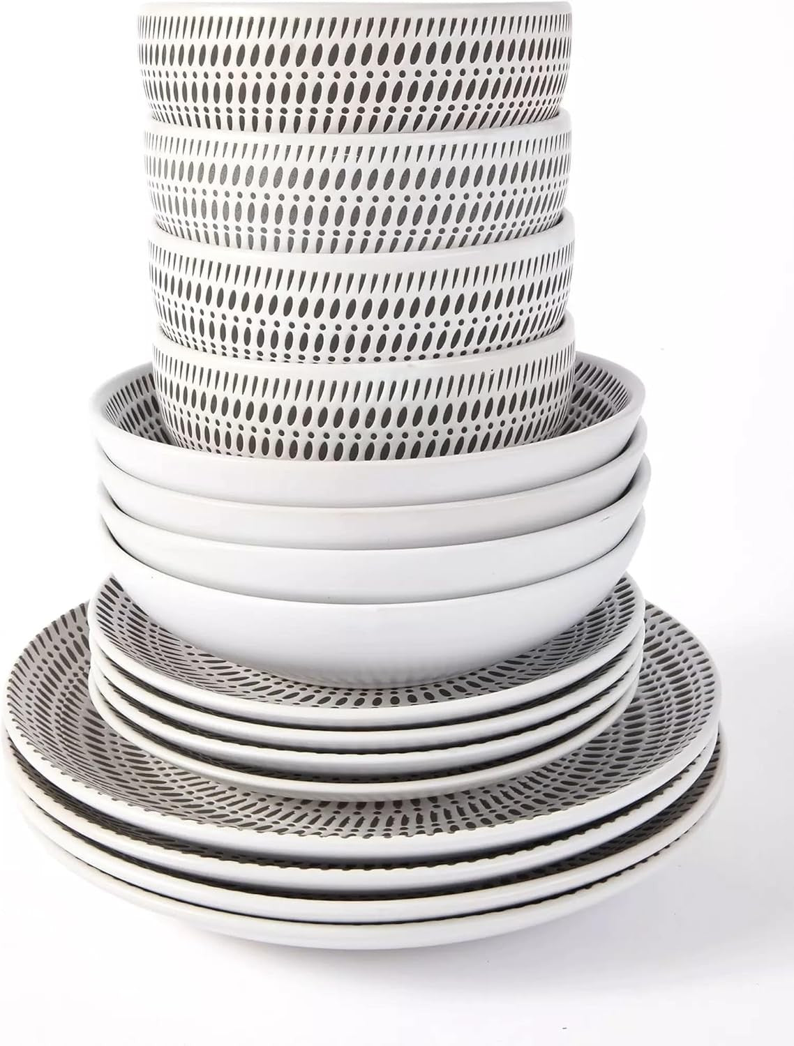 16 Piece Stoneware Dinner Set Black White Plates Bowls Microwave Dishwasher Safe