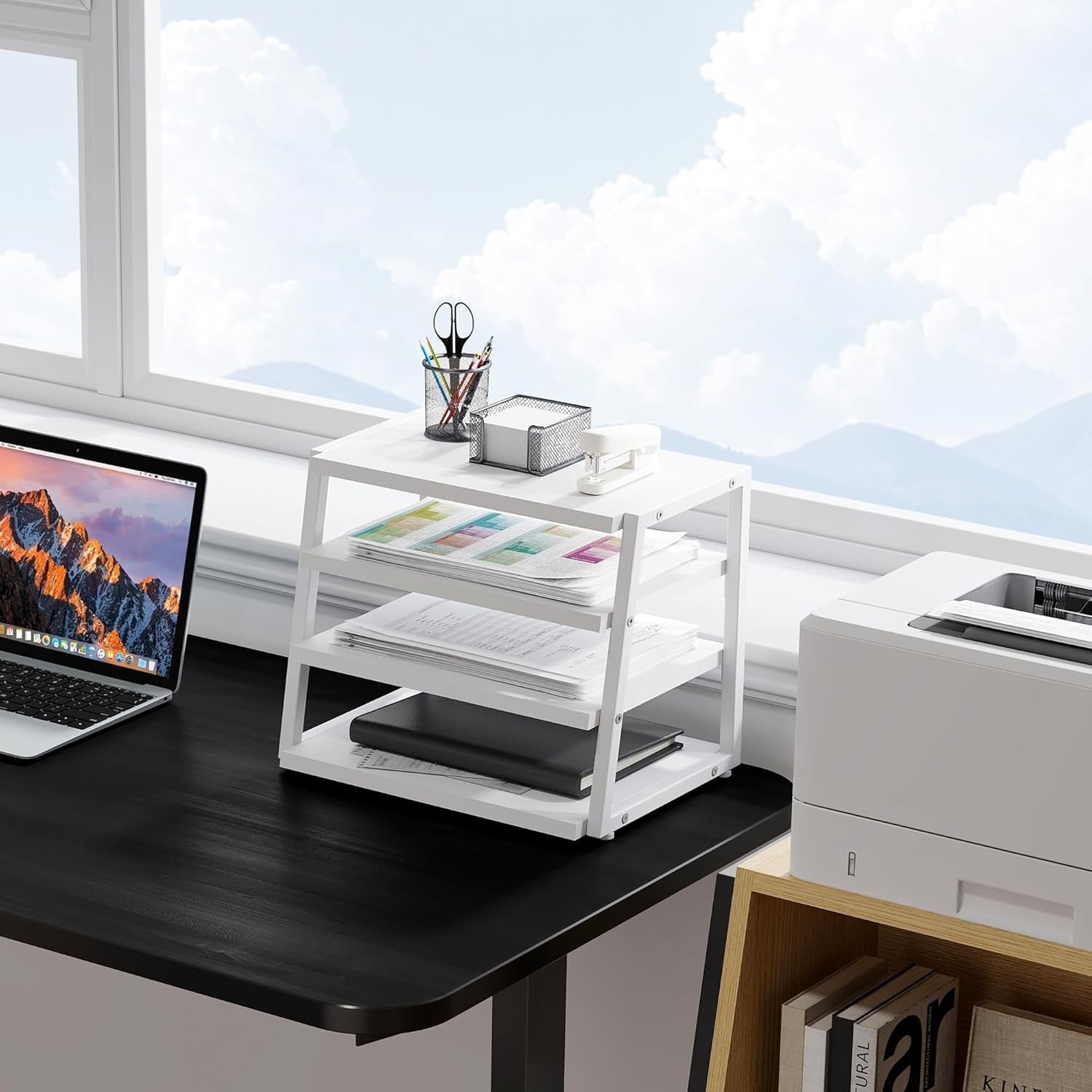 4 Tier Desk File Organizer A4 Paper Tray Wood Metal Office Shelf White