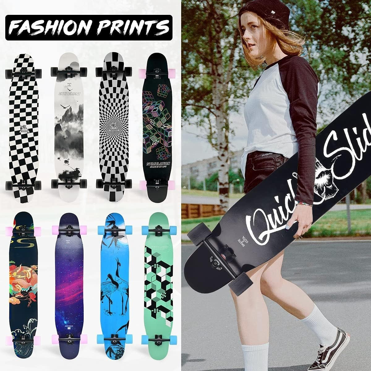 46" Longboard Skateboard Complete 8 Layers Maple Wood Deck for Teens & Adults