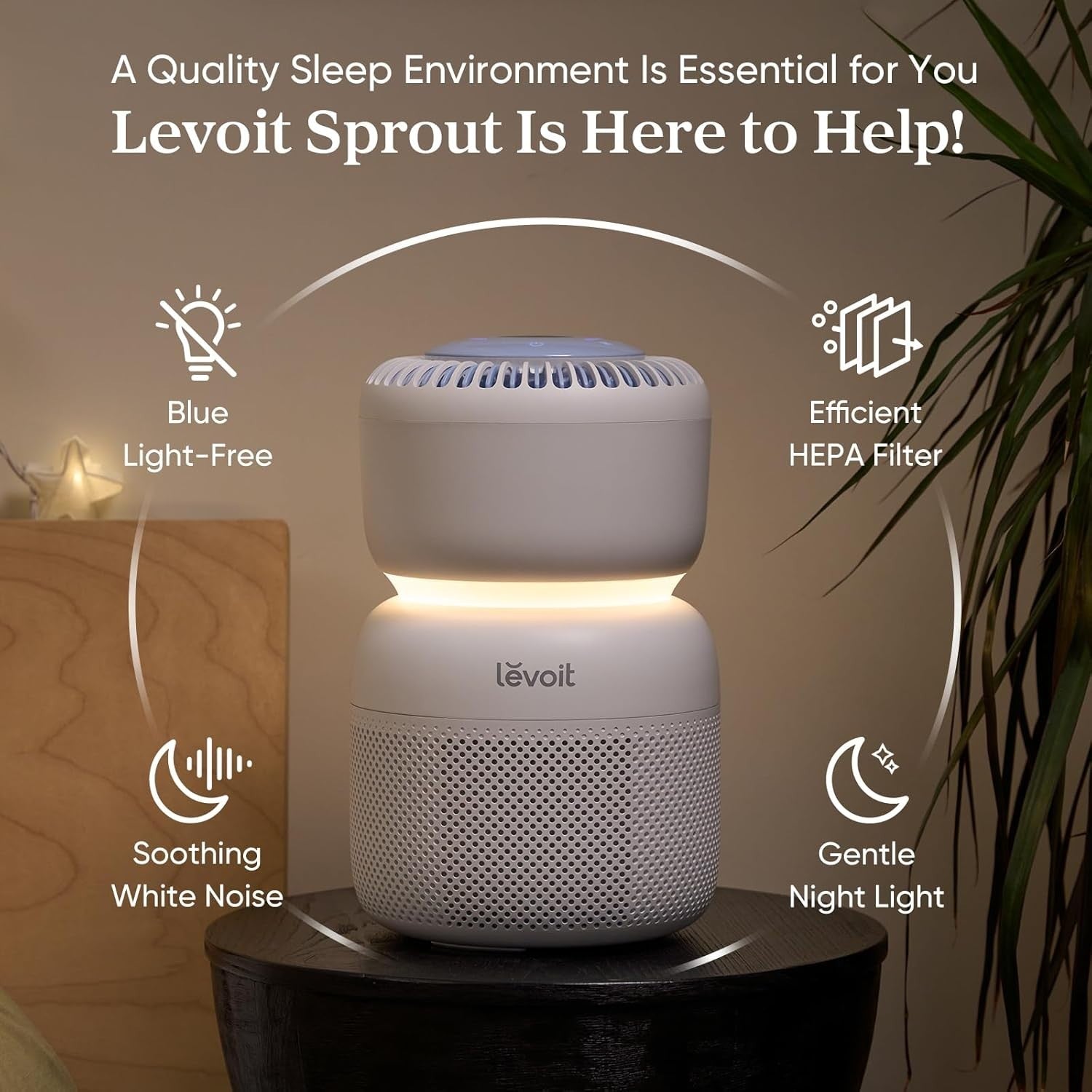 Smart Air Purifier HEPA WiFi White Noise Night Light Baby Bedroom
