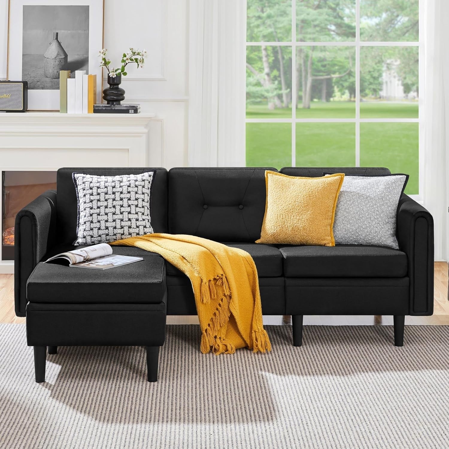 Velvet Black L-Shaped Corner Sofa with Ottoman 3-Seater Chaise for Small Spaces