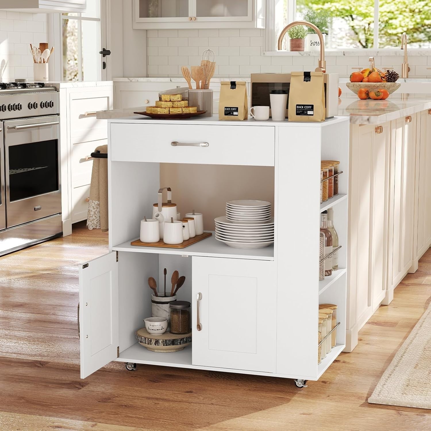 White Kitchen Island Trolley Cabinet Drawer Spice Rack
