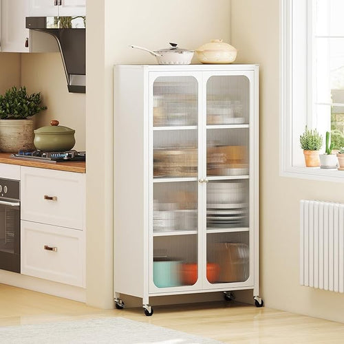 Large White Metal Storage Cabinet with Translucent Doors & Wheels, Adjustable