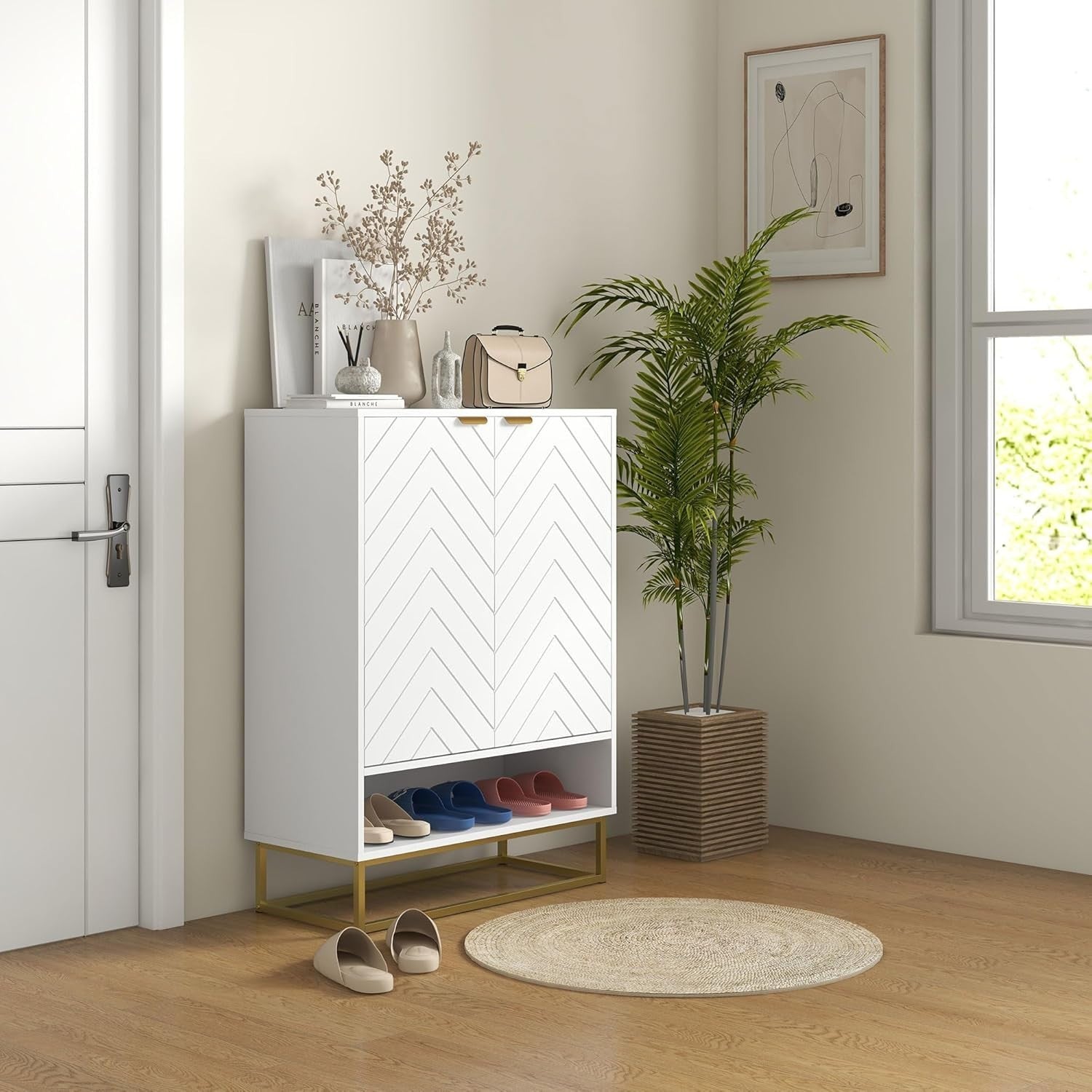 Modern Shoe Cabinet Storage with Doors, Shelf & Vents – Fits 12 Pairs