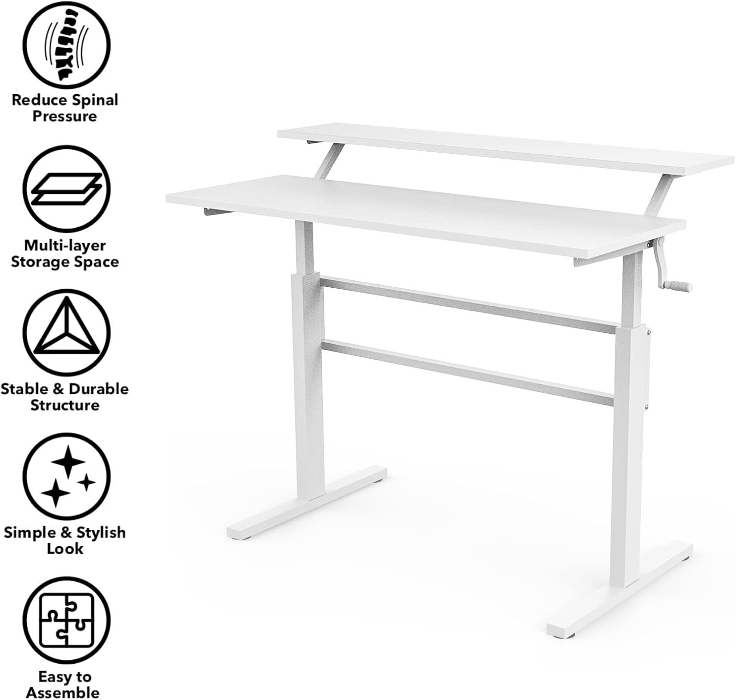 White Adjustable Standing Desk 113cm Crank Handle Sit Stand Table