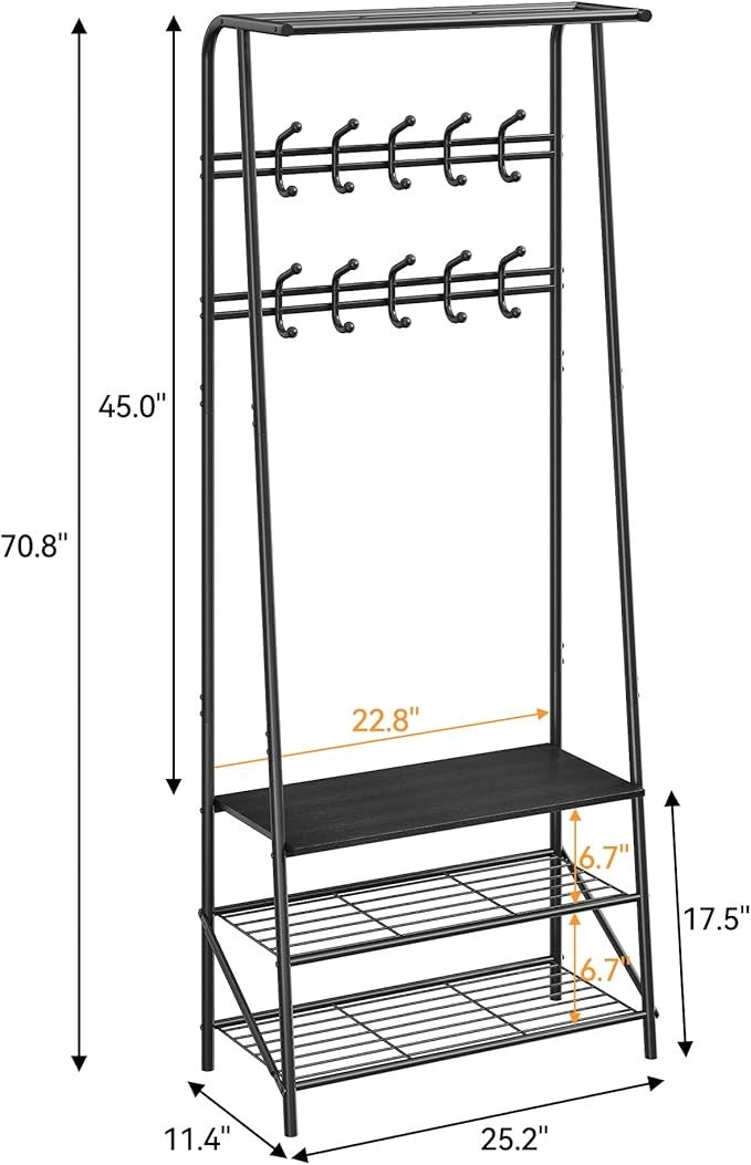 Black Metal 3-in-1 Coat Rack with Shoe Storage & 10 Hooks Entryway Stand