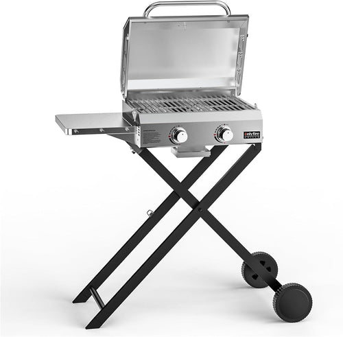 2 Burner Portable Gas BBQ Grill with Folding Trolley, Lid & Thermometer Outdoor