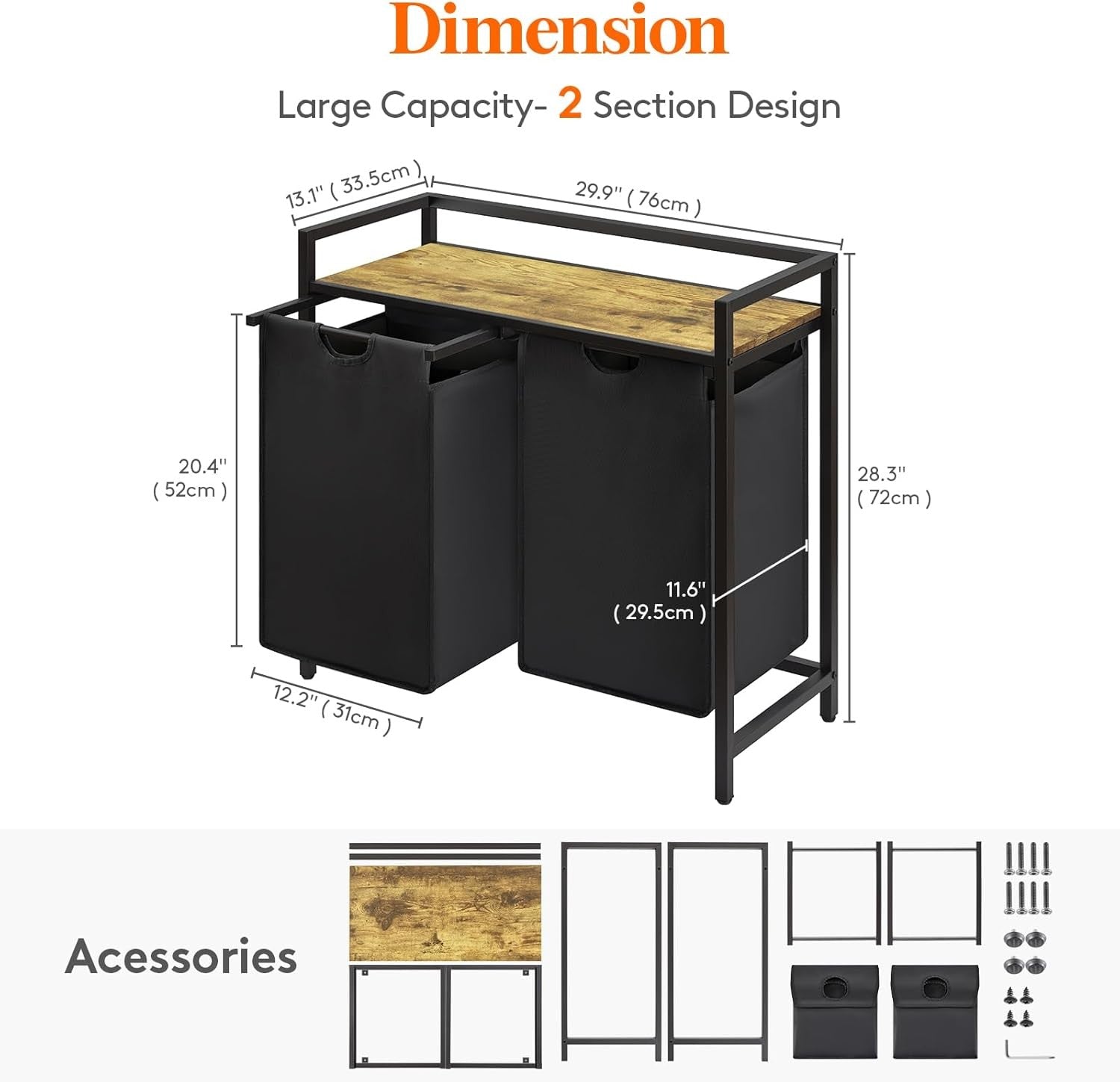 95L Double Laundry Hamper Black with Shelf & Pull-Out Bags | Modern Laundry Sort