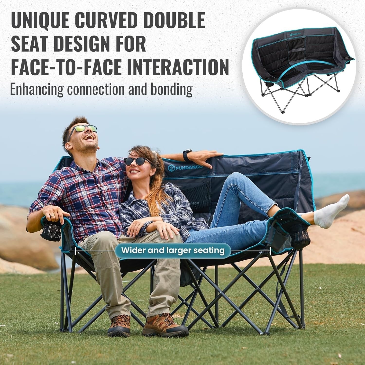 Double Camping Chair 2-Seater Foldable Sofa with Cooler Bag & Padded Seat