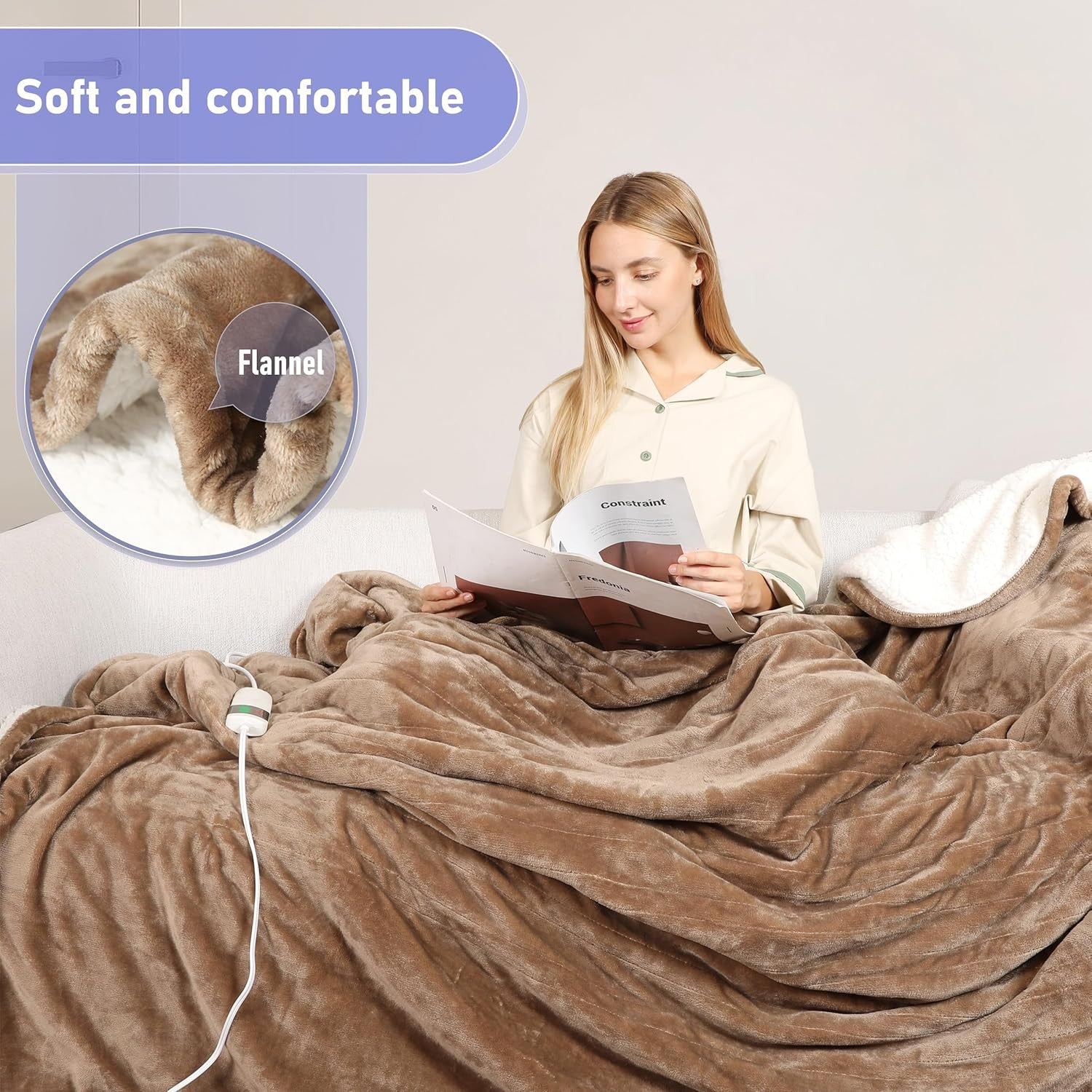 Electric Heated Throw Blanket Camel 180x200cm Sherpa Fleece Auto Off