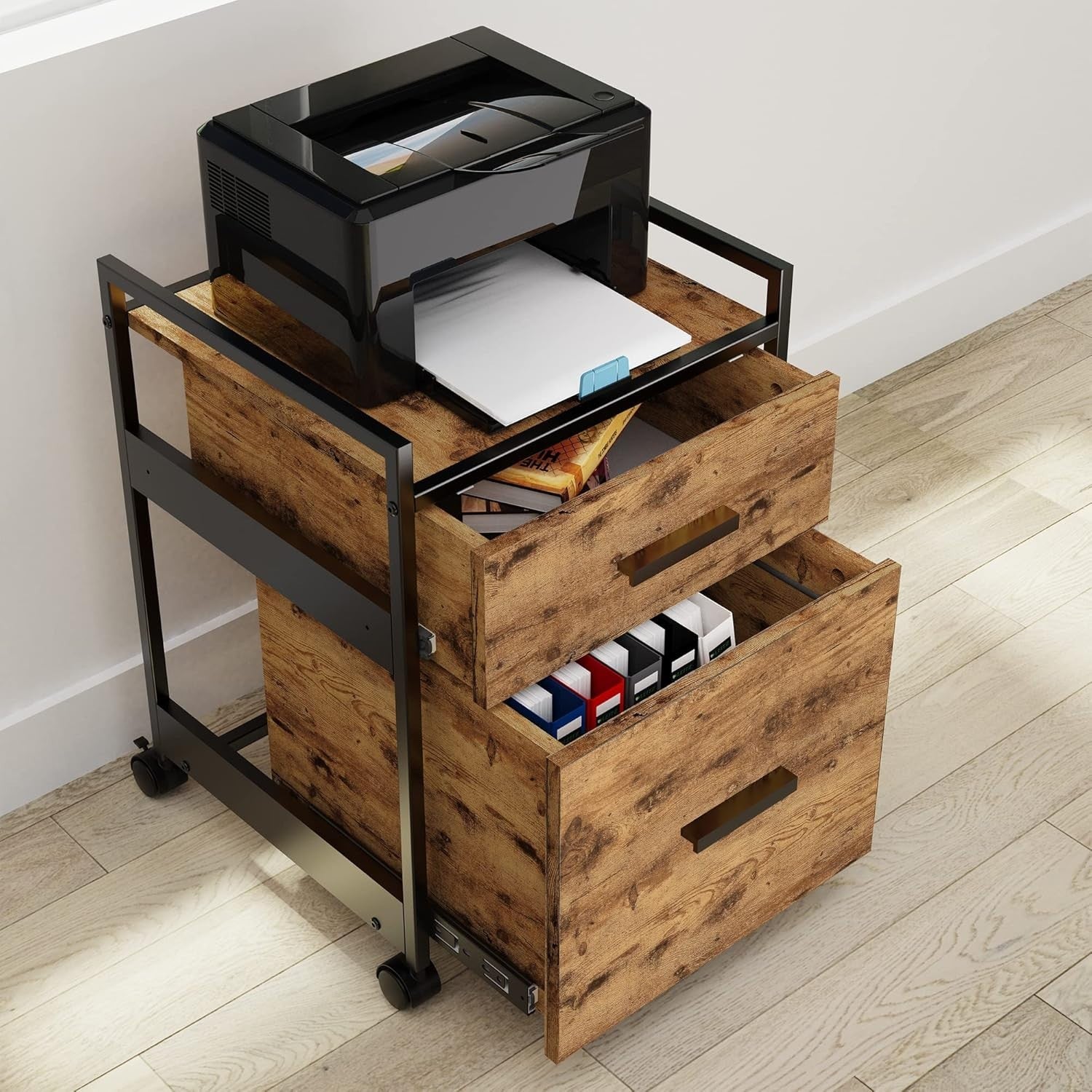 2 Drawer Mobile Filing Cabinet with Printer Shelf Under Desk Rustic Brown