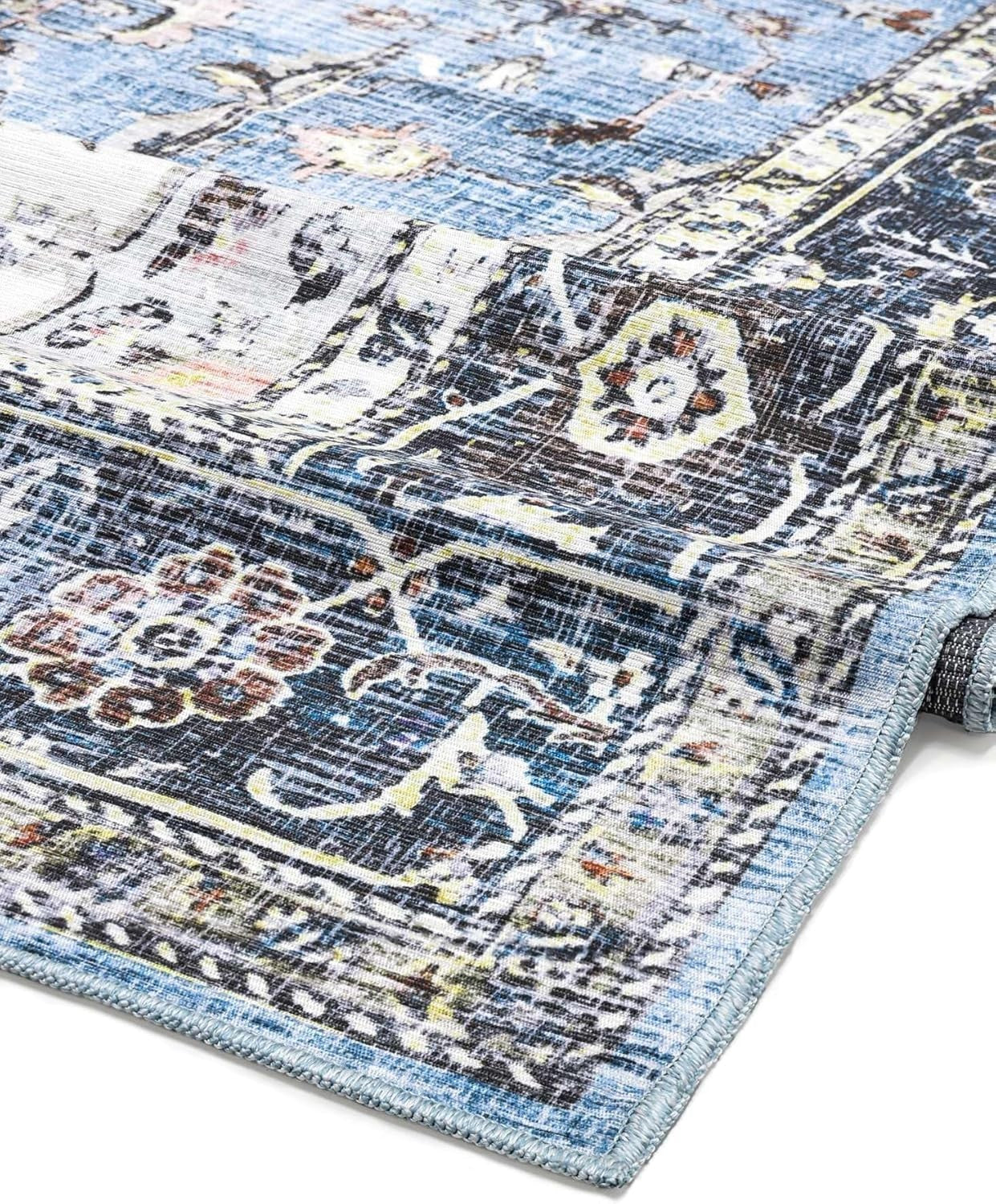 Large Oriental Area Rug 300x500cm Blue Multi Low Pile Machine Washable