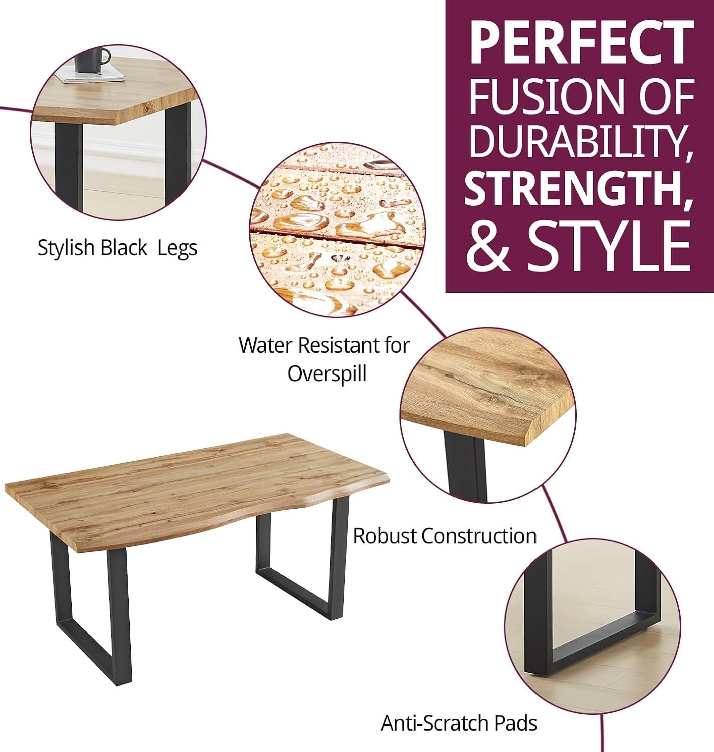 160cm Live Edge Dining Table Oak Effect Metal Legs Modern Industrial