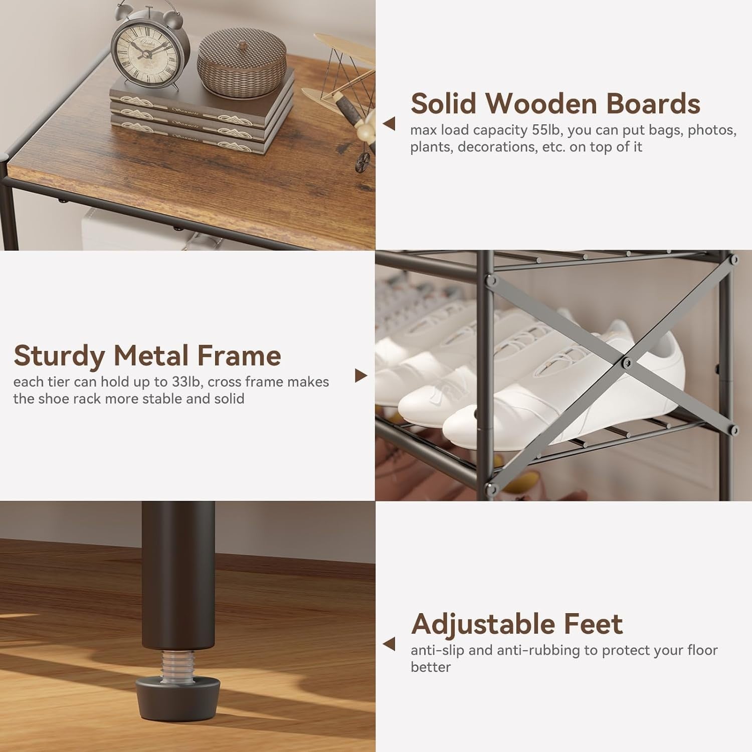 6 Tier Metal Shoe Rack Organizer – Holds 24 Pairs, Rustic Wood Shelf