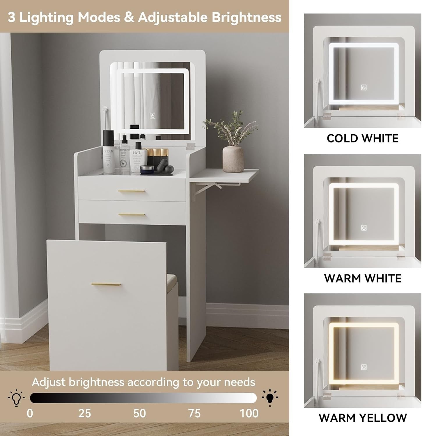 White Foldable Vanity Desk w/ Lighted Mirror & Stool Small Space 2 Drawers