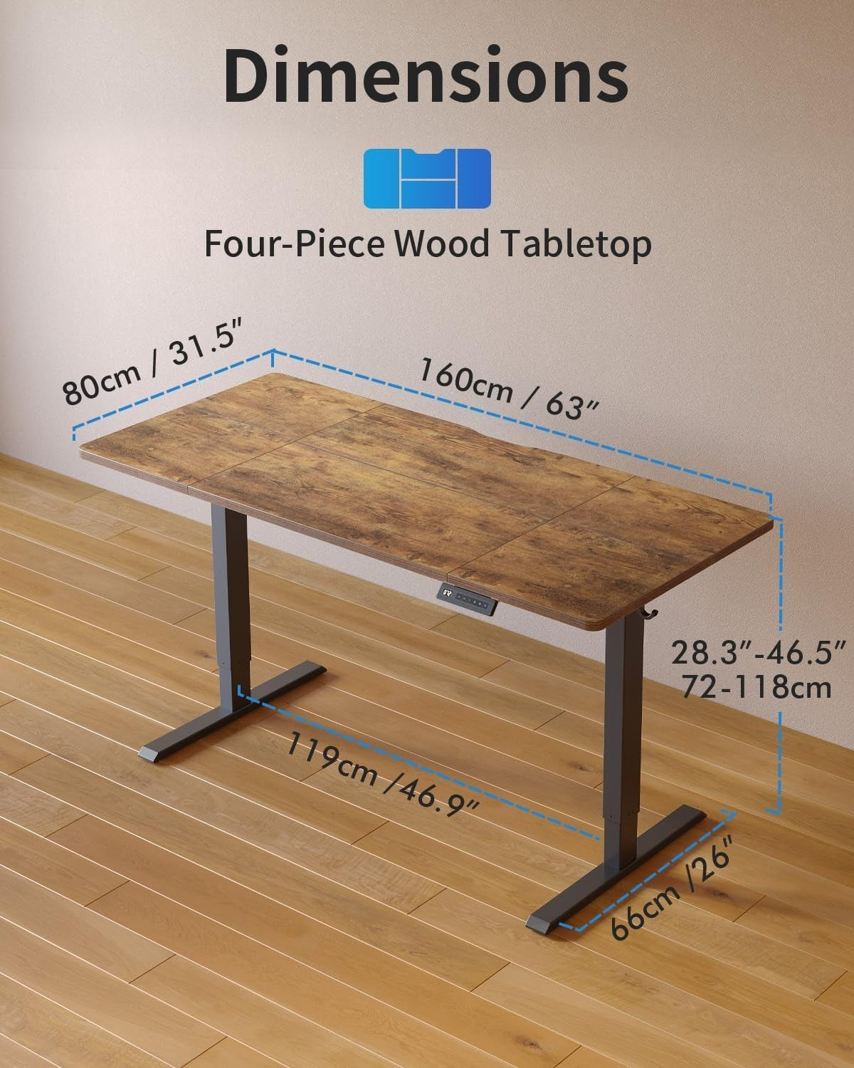 Rustic Brown 160x80cm Electric Standing Desk with Memory Settings & Quiet Motor