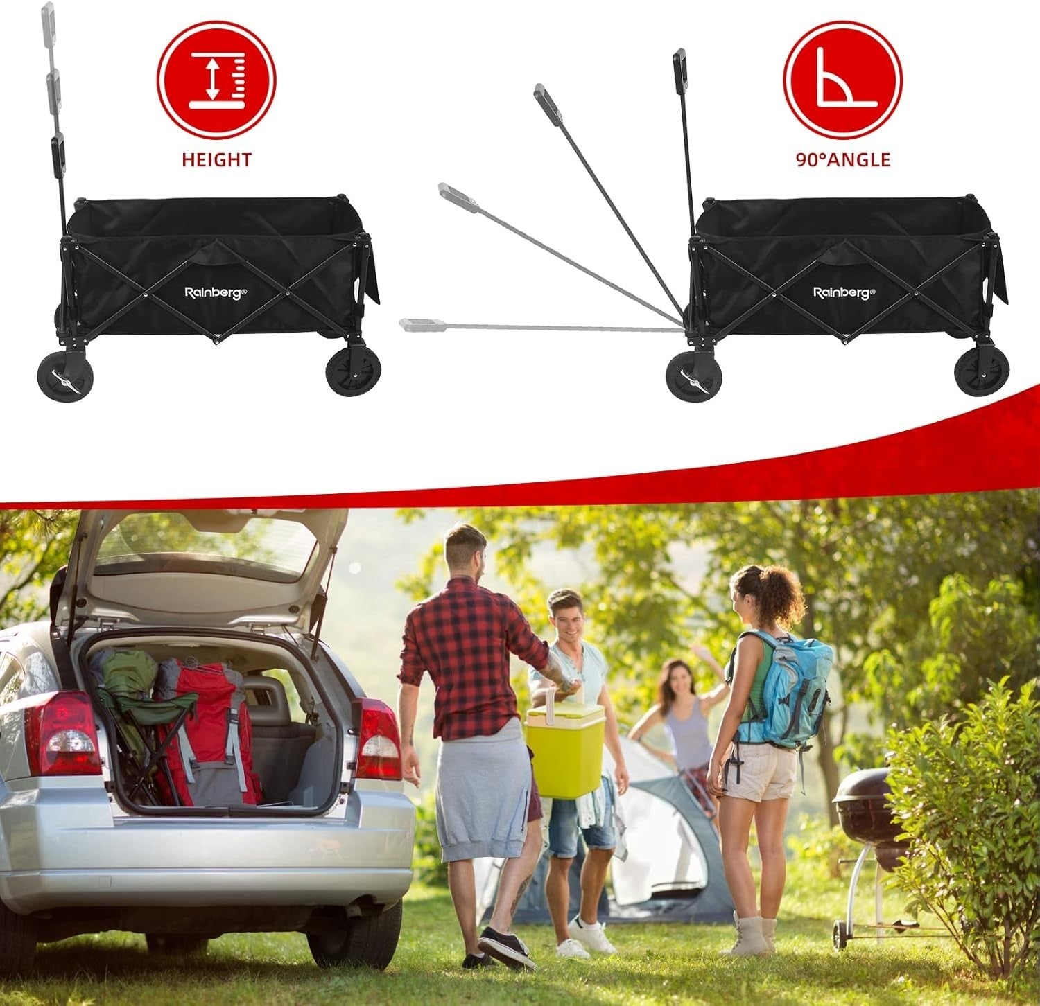 Black Folding Camping Wagon 120kg Trolley w/ Table Top, Adjustable Handle & Bag