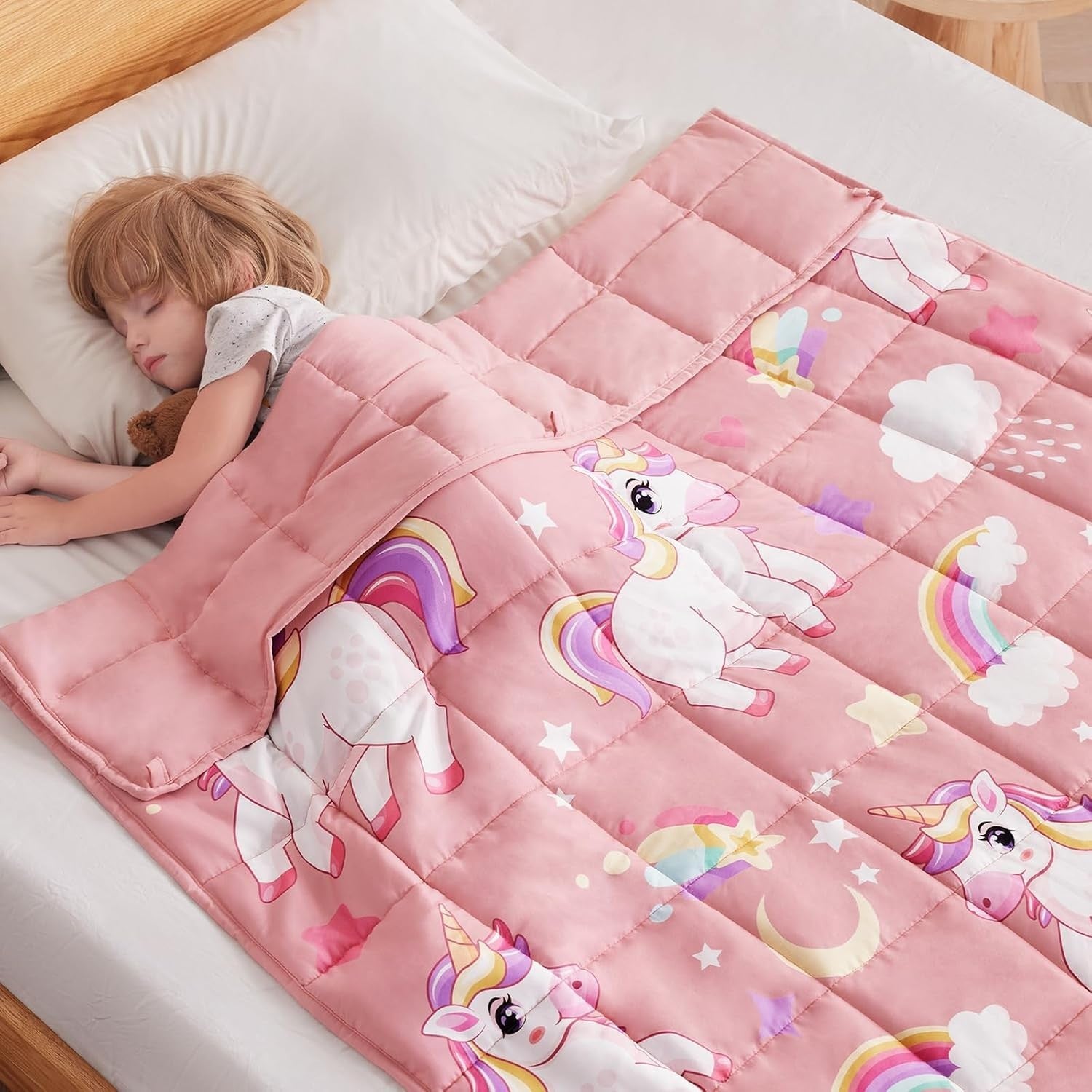 Kids Weighted Blanket 36"x48", 3lbs Pink Unicorn Breathable Glass Beads