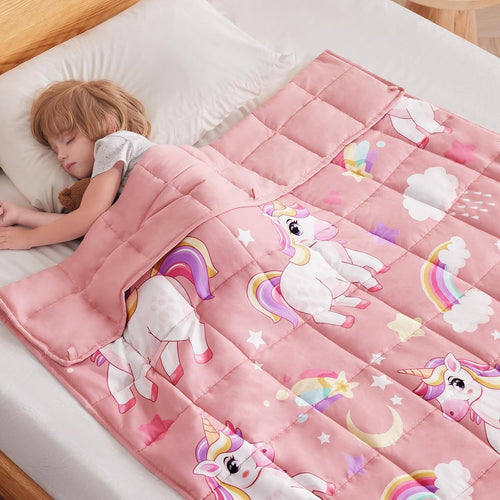 Kids Weighted Blanket 36"x48", 3lbs Pink Unicorn Breathable Glass Beads
