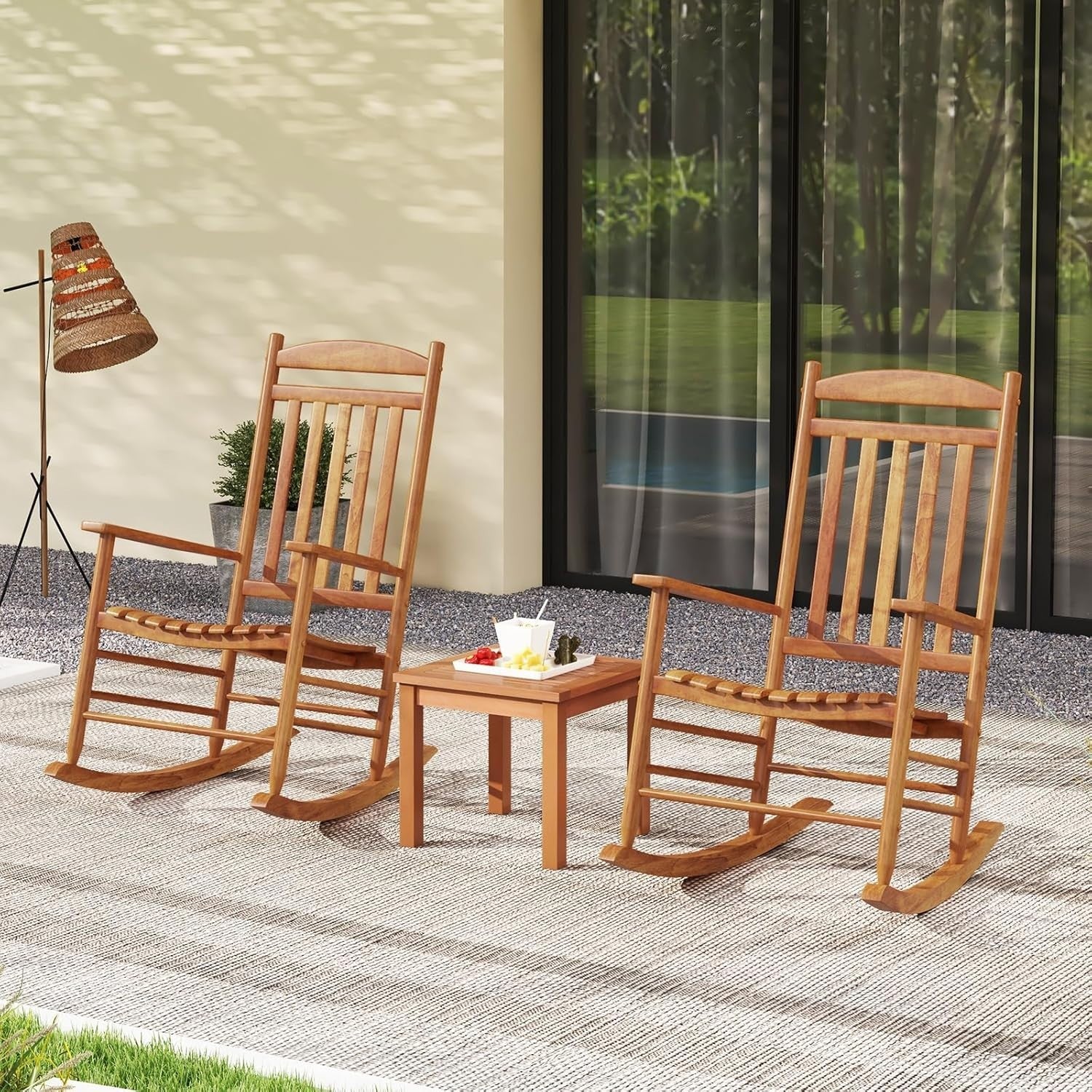 Outdoor Wooden Rocking Chair High-Back Ergonomic Patio Lounge Seat
