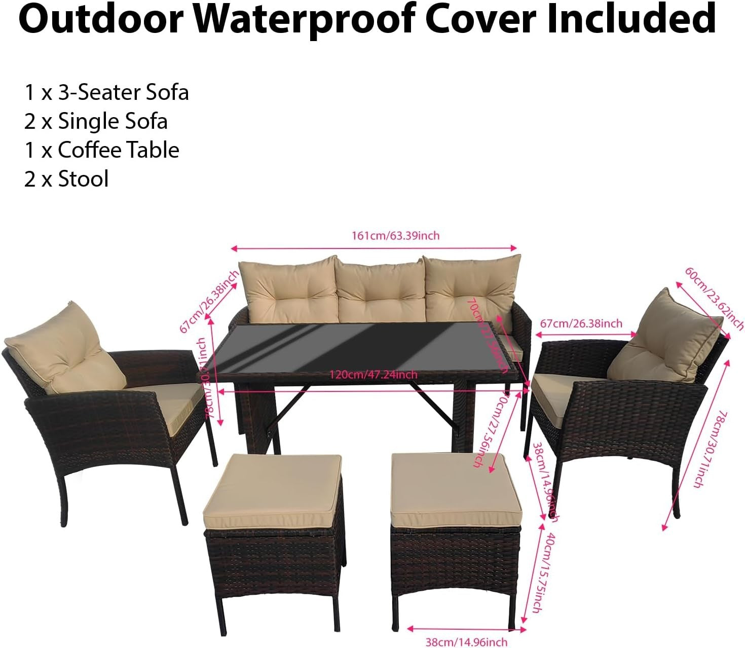 Brown Rattan Garden Furniture Set 6 Seater Cushioned Sofa Outdoor Patio