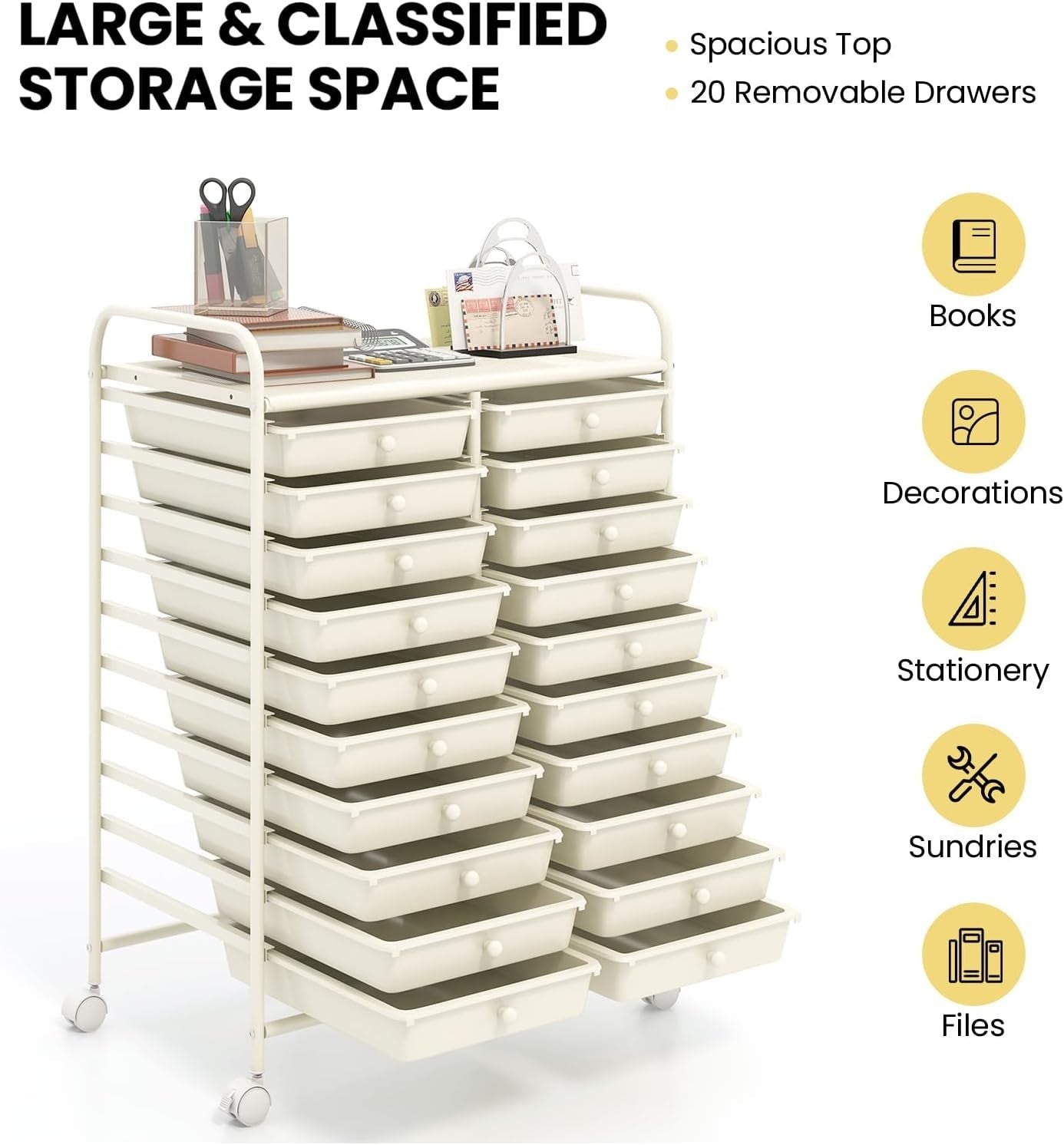 20 Drawer Rolling Storage Trolley Mobile Utility Organizer Cart White