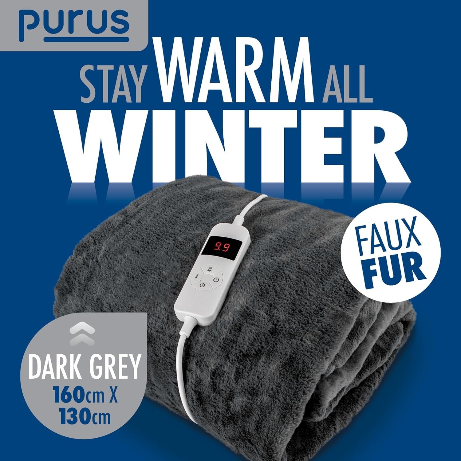 Electric Heated Faux Fur Throw Blanket 9 Heat Settings Timer Washable Grey